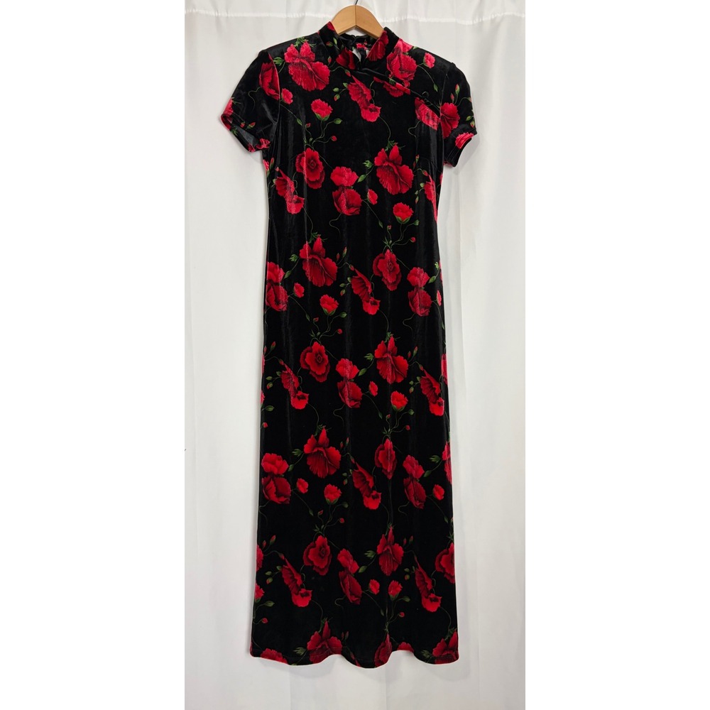 Y2K Velvet Poppy Floral Maxi Dress Mandarin Collar Red Black Size 8 petite